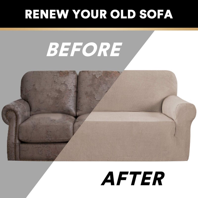 PrinceDeco Stretch Loveseat Sofa Cover Slipcover Couch Cover for 2 Cushion Sofa Washable Sofa Cover for Pets Friendly Furniture Protector Covers with Non Slip Bottom(Loveseat, Sand) - Image 5